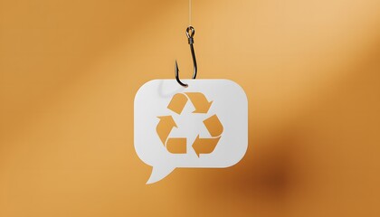 Minimalist flat lay of a speech bubble with recycling symbol on a hook