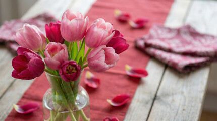 Vibrant pink tulips in a clear vase on a rustic wooden table with scattered petals and red cloth