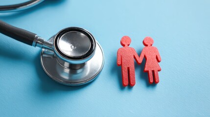 Stethoscope with a couple icon on a blue background, symbolizing healthcare services, medical support, and family care coverage.
