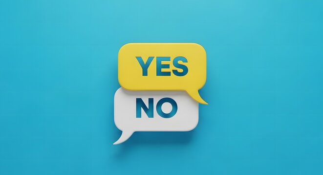 Two overlapping 3 D speech bubbles with yes and no text on blue background
