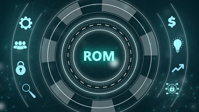 ROM acronym concept with business icons and with gears background Keywords: ROM, Read Only Memory, technology, data, storage, computer, digital, information