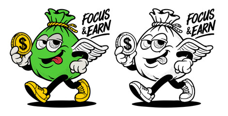 Cartoon Money Character Illustration with Focus Earn Text for Financial Motivation Concept
