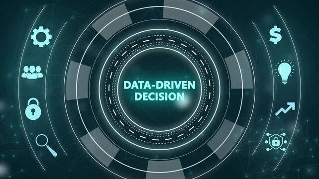 Data-Driven Decision Making: High-tech graphic with the words 'Data-Driven Decision' at the center, surrounded by relevant icons, set against a dark, futuristic background, symbolizing progress