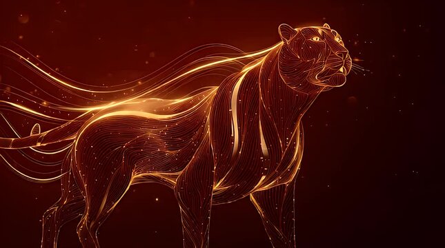 Golden Tiger Zodiac Silhouette with Flowing Lines