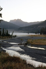 Early morning mist in a river valley, Yellowstone National Park, Wyoming  USA

