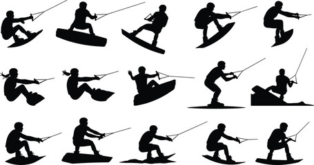 Wakeboarding silhouette vector, black water sport icons, dynamic rider poses, athletic movement illustration, extreme sports graphic, rope action design © MdHasan