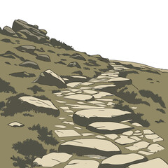 Rocky upland path with scattered flat stones and sparse vegetation ©  AMINA 1122