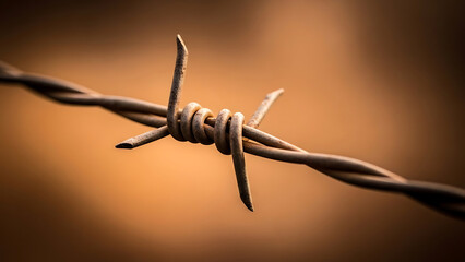 Close up of rusty barbed wire showing the sharp barbs and twisted metal strands
