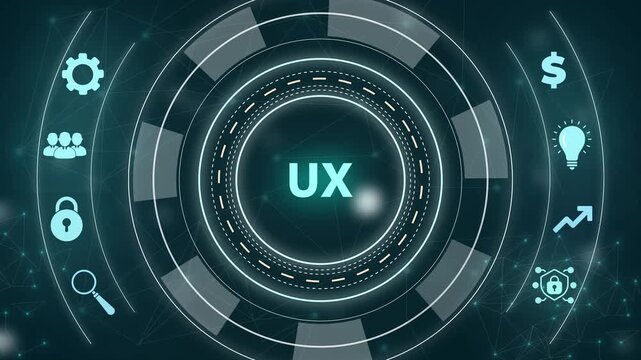 U X user experience design process flowchart icons connecting to global network and business growth concepts on digital with gears background