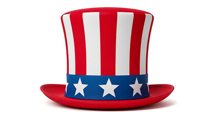 A patriotic red and white striped uncle sam hat with blue band and stars