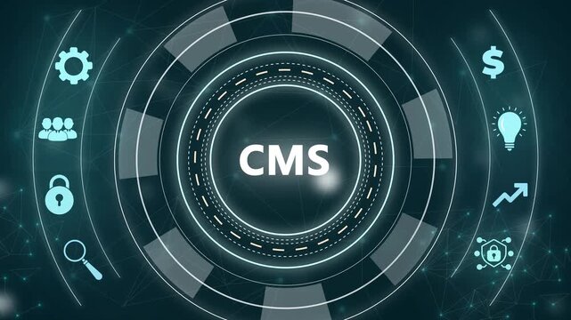 Digital CMS concept with interconnected icons and with gears background Keywords: CMS, content management system, digital, technology, business, strategy