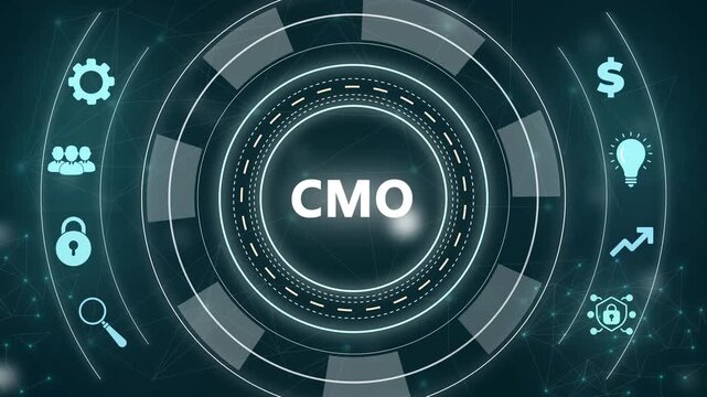 CMO Chief Marketing Officer business strategy infographic with icons and with gears Keywords: CMO, Chief Marketing Officer, business, strategy, infographic