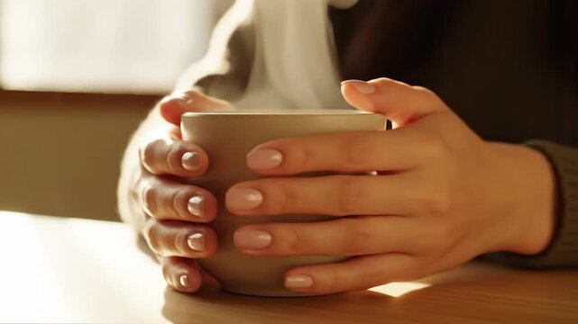 Close-up of a person's hands holding a steaming cup of coffee on a wooden table in a cozy setting with warm lighting, capturing a micro moment.