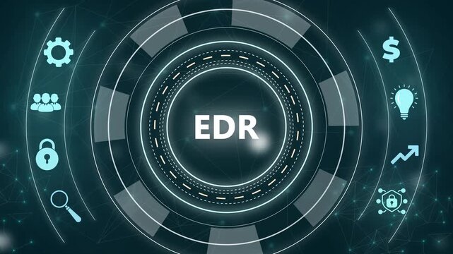 Digital EDR concept with gears network and business icons on dark background Keywords: EDR, endpoint detection, response, cybersecurity, threat, protection