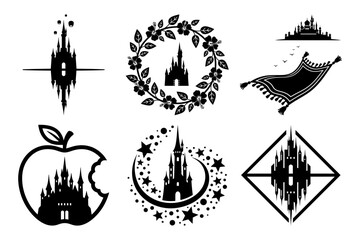 Flying carpet skyline horizon palace magic swirl castle vector illustration