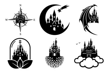 Crescent moon dream castle silhouette root castle kingdom icon vector illustration