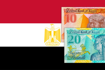 20 and 10 Pounds Egypt against the national flag. National currency of Egypt. Polymer money.