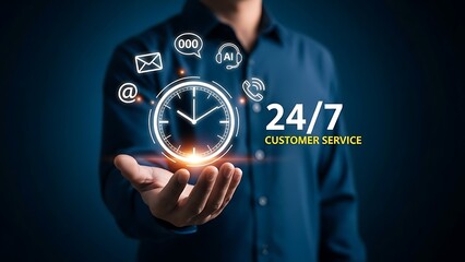 Man in blue shirt holding glowing clock with 247 customer service icons around it