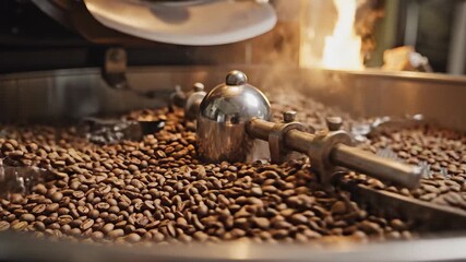 Closeup view of aromatic coffee beans being expertly roasted in a professional industrial machine with a metal agitator stirring the beans to ensure even heat distribution and perfect flavor developm.