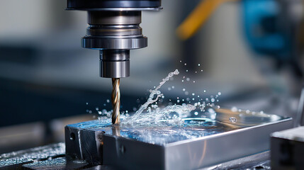 Precision in metal machining, drill bit piercing through shiny surface, manufacturing setting, industrial precision craftsmanship, metalworking detail, with copy space