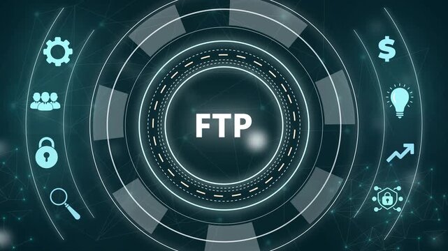FTP concept diagram with icons representing data transfer and business on a digital with gears background