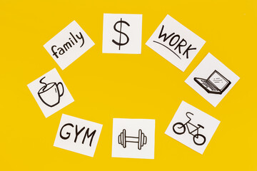 Life balance concept. Many paper cards with hand drawing of different life activities