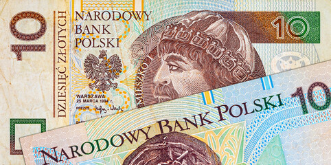 10 zloty banknote of Poland with a portrait of Prince Mieszko. Paper money of Poland