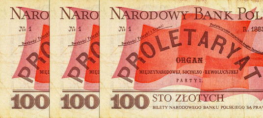 Fragment of a 100 Zlotych banknote of Poland 1986. Paper money of Poland