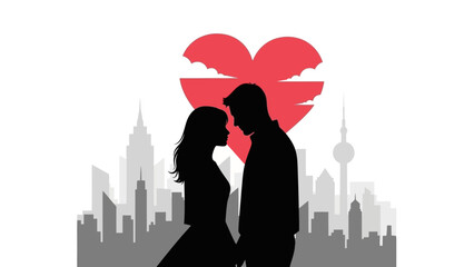 Couple Kissing with Heart Cityscape Background.