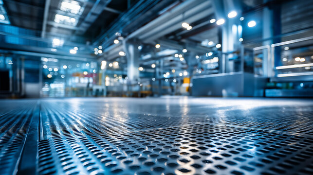 Industrial facility interior with perforated metal floor, factory grating, manufacturing space, metallic texture, architectural detail, with copy space