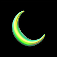 Holographic 3D crescent moon, neon green, with a glow effect.