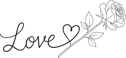 A beautiful rose with a heart and the word love