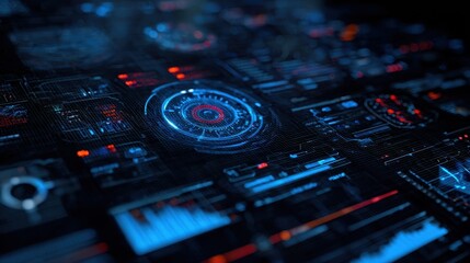 Visual display of technology with blue and red elements showcasing data and information on a dark background