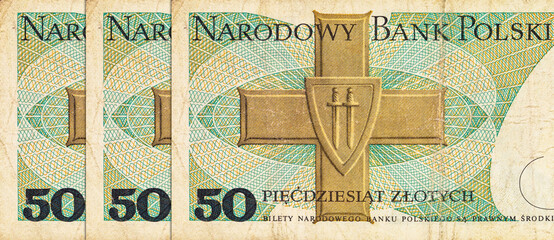 50 Zlotych of Poland, fragment of a banknote for design. Paper money of Poland