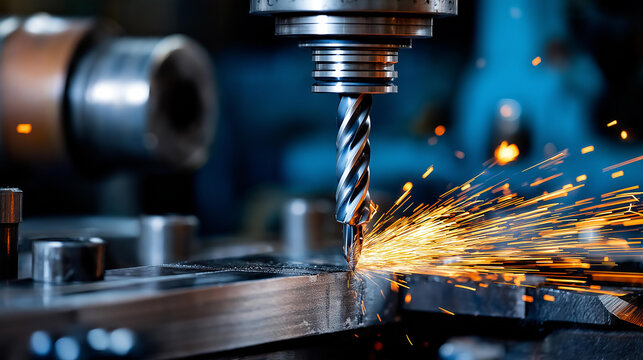 Close-up of drill pressing into metal, sparks flying, industrial setting, metalworking process, fabrication operation, manufacturing detail, with copy space