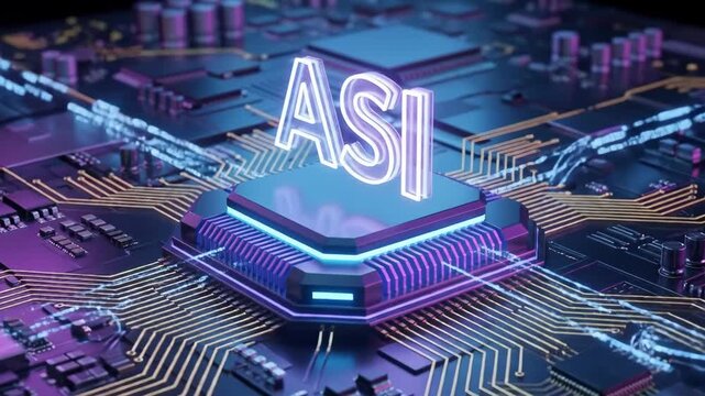 ASI artificial superintelligence concept chip is slowly orbiting and zooming, glowing data flows across a futuristic circuit board