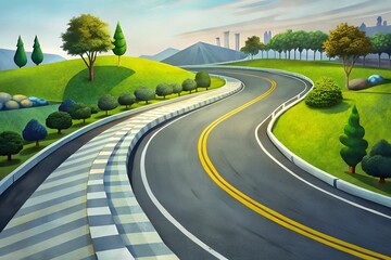 Winding road through green landscape with trees and city skyline