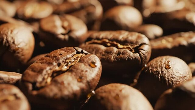 Close up of roasted coffee beans with rich brown color