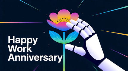 work anniversary robotic hand with vibrant flower minimal colorful illustration on dark