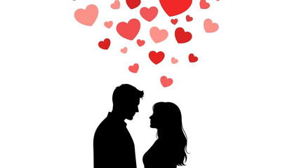 Silhouette of Couple with Heart Shapes.
