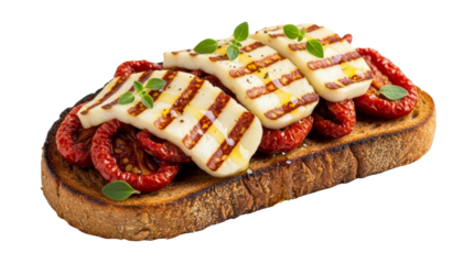 Rye toast with sun-dried tomatoes, halloumi cheese, and olive oil isolated on transparent background