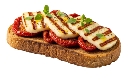 Rye toast with sun-dried tomatoes, halloumi cheese, and olive oil isolated on transparent background
