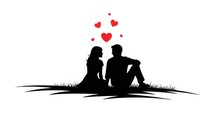 Couple Sitting Together with Hearts Above.