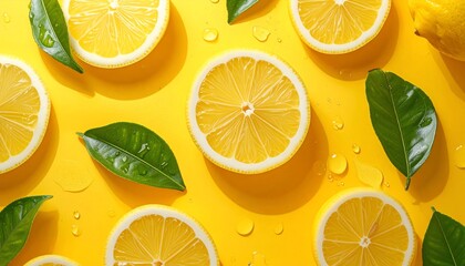 Vibrant yellow background featuring sliced citrus, fresh leaves, and water droplets