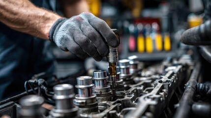 Technician performs maintenance on engine parts in a workshop during daytime hours