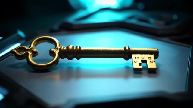 A single, antique-style key lies on a sleek, illuminated surface, emanating a sense of mystery and exclusivity