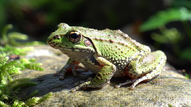 A small green frog with distinctive markings sits on a rock in a natural setting