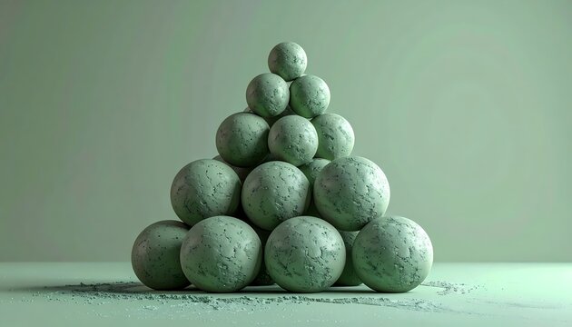 Pyramid of textured green spheres on a light green background.