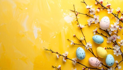 Pastel eggs nestle among flowering branches on a textured yellow backdrop, Easter themed