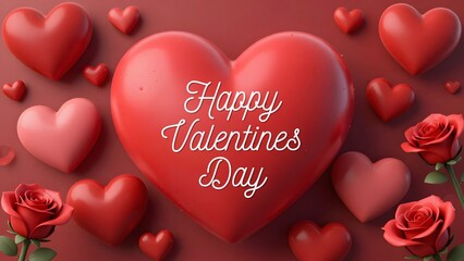 Valentine&rsquo;s Day background featuring hearts, valentines day greeting card, &ldquo;Happy Valentine&rsquo;s Day&rdquo; text, red roses, and chocolates.